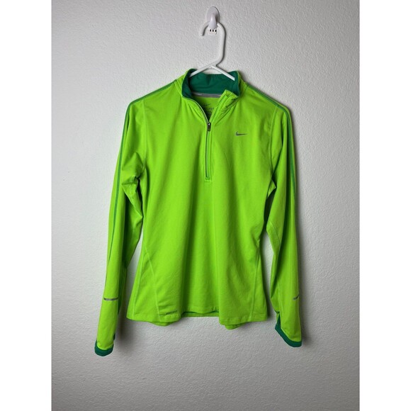 Nike Dri-FIT Running Half Zip Shirt Womens Medium Green Reflective Long Sleeve - Picture 1 of 6